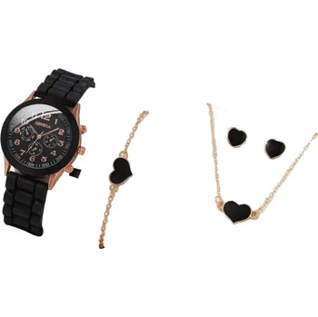 Náhrdelník Dámská dárková sada hodinky, náhrdelník, náramek a náušnice se srdíčkem černá