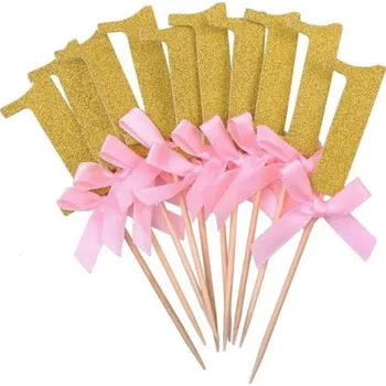 Party dekorace Narozeninová napichovátka 1 rok růžové 10 ks zlatá