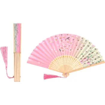 Karnevalový doplněk Čínský dámský bambusový vějíř 21 x 38 cm Růžovo žlutý vějíř s květy stromu Orientální dekorace Doplněk na léto Tanec