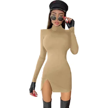 Dámské šaty Minišaty s dlouhým rukávem Vysoký límeček Malý rozparek Špičatá ramena Přiléhavý sexy střih Dámské šaty na večer Párty a klubová móda béžova S