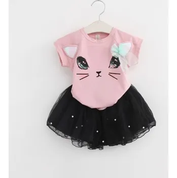 Dívčí set - Tričko + sukně s kočkou J1895 růžová 3