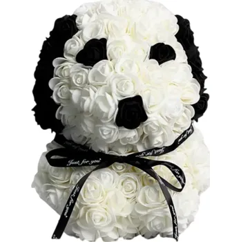 Pejsek z umělých růží 25 cm Ručně vyráběná květinová figurka Dekorace do interiéru Romantický dárek Valentýn Výročí Luxusní ozdoba bílá