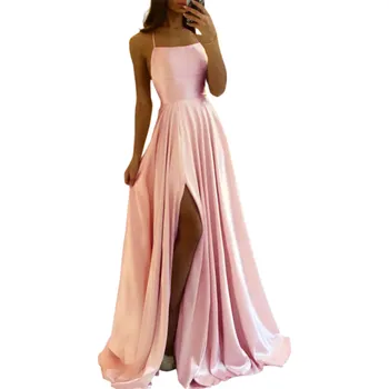 Dámské šaty růžová M Dlouhé společenské šaty s rozparkem Hladký saténový povrch Šněrování na zádech Elegantní večerní róba pro ples svatbu galavečer