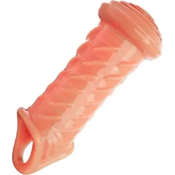 Vibrátor Silikonový návlek na penis s rozšířenou špičkou ve tvaru hlavy houby a masážními kroužky s úchytem za varlata ve stylu škrtícího kroužku Diskrétní balení tělová