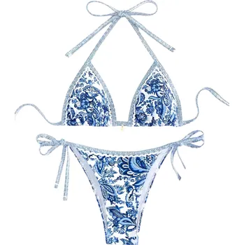 Dámské plavky Dámské dvoudílné bikiny s květinovým vzorem Trojúhelníkový top a kalhotky na zavazování Elegantní letní plavky na pláž i dovolenou modrá M