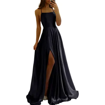 Dámské šaty Dlouhé společenské šaty s rozparkem Hladký saténový povrch Šněrování na zádech Elegantní večerní róba pro ples svatbu galavečer černá L