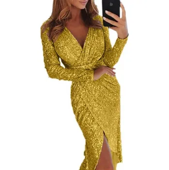 Dámské šaty Zavinovací flitrové šaty žlutá XS