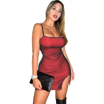 Dámské šaty Červené dvouvrstvé minišaty ze síťoviny s rozparkem Úzký střih Tenká ramínka Elegantní večerní šaty na párty Sexy červené minišaty L