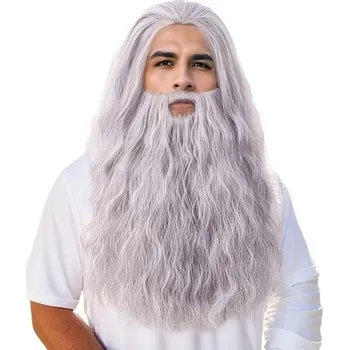 Karnevalová maska Sada paruka a vousy Šedá Dlouhá vlnitá paruka 86 cm s hustým plnovousem Kostým Cosplay Karneval Tematická párty Divadelní rekvizita