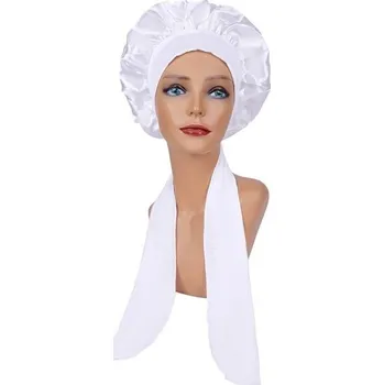 Sprchovací čepice Dámská saténová čepice na spaní s páskem bílá