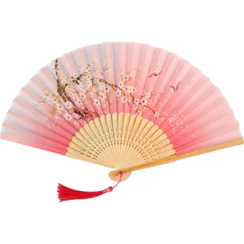 Karnevalový doplněk Čínský bambusový vějíř pro ženy Růžový vějíř s rozkvetlou větví Tradiční doplněk Dekorace Orientální styl Poloměr 21 cm