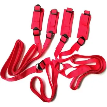 Vibrátor Textilní popruhový systém pod matraci se 4 vývody na pouta se suchým zipem, fixace rukou a nohou, nastavitelné uchycení, diskrétní balení červená