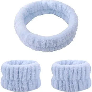 Sada dámské čelenky s náramky proti stékání vody po rukou Absorbční náramky na zápěstí s čelenkou do vlasů Gumičky na zápěstí vsakující vodu s čelenkou proti padání vlasů do obličeje modrá