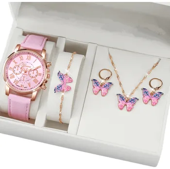 Hodinky Sada dámských hodinek a šperků Růžová náhrdelník náramek náušnice s motýlem Elegantní šperky pro ženy Dárková krabička