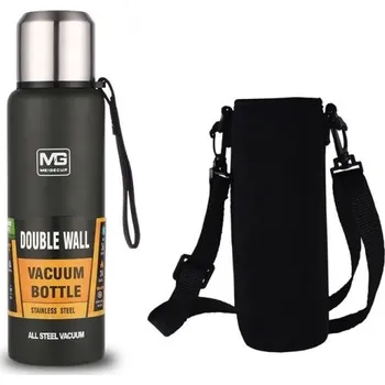 Termoska Nerezová termoska 1000 ml s taškou Dvoustěnná vakuová izolace Termo láhev na horké a studené nápoje Cestovní termoska s popruhem Nepropustné víčko zelená