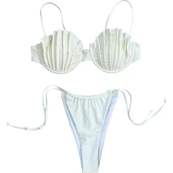 Dámské plavky Dámské bikiny s košíčky ve tvaru mušlí a push-up efektem Zavazovací kalhotky s vysokým střihem Ideální pro pláž a letní dovolenou bílá L