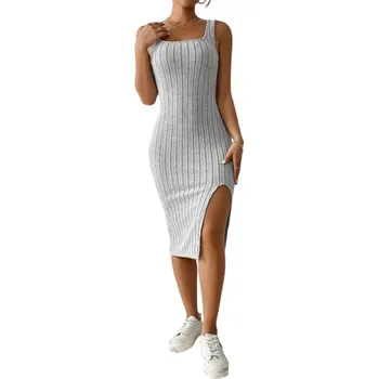 Dámské šaty Ležérní pletené šaty s žebrovaným vzorem Šaty po kolena Přiléhavý střih Vysoký rozparek Šaty se širokými ramínky Dámské šaty na volný čas šedá XL