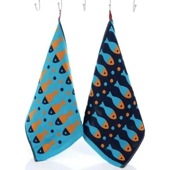 Dětský ručník s potiskem ryby Bavlněný ručník pro děti Oboustranný ručník pro děti s poutkem 35 x 40 cm modrá