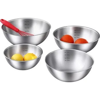Sada 4x nerezová miska s ryskami na objem Kuchyňské misky na vaření Mísy na šlehání a míchání Praktické nerezové nádoby do kuchyně