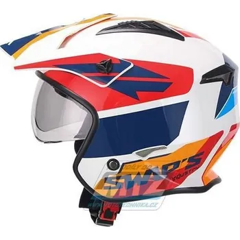 Přilba na skútr SWAPS Jet Helm S769 Trooper s kšiltem a sluneční clonou - WhiteRedBlue - velikost M SFOSJTR7S-M