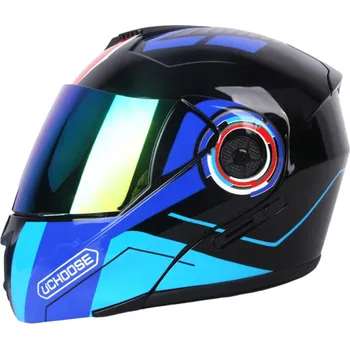 Motocyklové brýle Modrá výklopná motocyklová helma s barevným hledím a sluneční clonou Ochranná helma s dvojitým hledím z ABS plastu pro jízdu na motorce M (57-58 cm)
