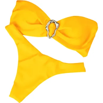 Dámské plavky Dámské dvoudílné bikiny s bandeau topem a zlatou sponou Jednobarevné plavky s tanga kalhotkami pro elegantní letní vzhled žlutá L
