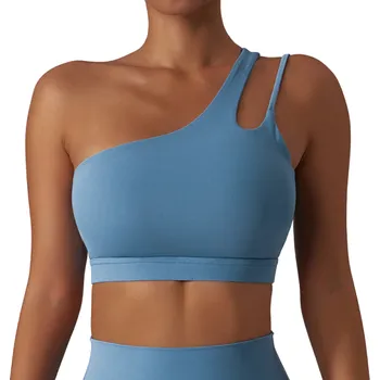 Podprsenka Sportovní podprsenka na jedno rameno Sportovní top na cvičení s vykrojením zad Sportovní podprsenka s push up efektem modrá L
