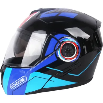 Motocyklové brýle Modrá výklopná motocyklová helma s dvojitým hledím Čiré vnější plexi Odolný ABS materiál Ochranná přilba na motorku s ventilací S (55-56 cm)