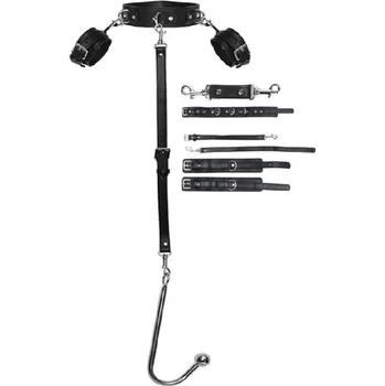 Vibrátor Kožený postroj za záda s pouty na ruce a připojitelným kovovým análním hákem s kuličkou, celotělové připoutání od krku k pozadí, diskrétní balení