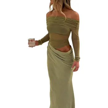 Dámské šaty Dlouhé elegantní přiléhavé šaty s odhalenými rameny a průhlednými rukávy Stylový řasící efekt v pase Formální večerní outfit zelená L