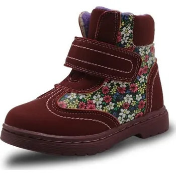 Dívčí holínky Dívčí kotníkové boty s květy vínová 26