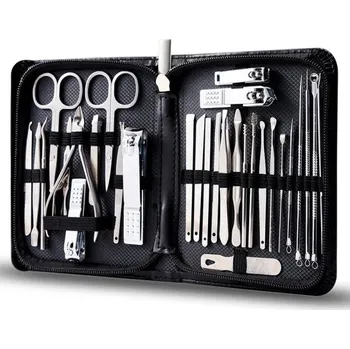 Sada na manikúru a pedikúru Multifunkční nástroje na nehty na rukou a na nohou Sada kleštiček na nehty, pilník, ušní lžička, nůžky, pinzeta Set nástrojů v koženém pouzdru 30 ks černá
