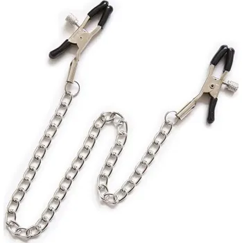 Vibrátor Kovové klipsny na bradavky se šroubovacím utažením a ochrannými krytkami spojené kovovým řetízkem diskrétní balení
