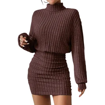 Dámské šaty Pletené minišaty s rolákem Žebrované svetrové šaty s dlouhým rukávem Elegantní přiléhavé úpletové šaty pro podzim a zimu hnědá S