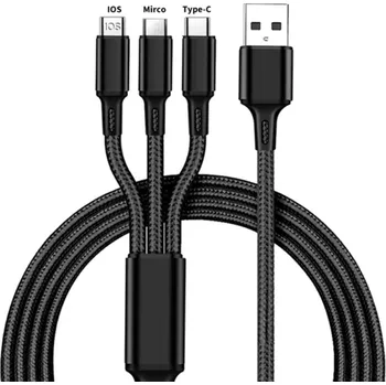 Datový kabel 3 v 1 rychlonabíjecí kabel USB-C + micro USB + Lightning 1,2 m 3A USB-A telefonní kabel rychlé nabíjení černá
