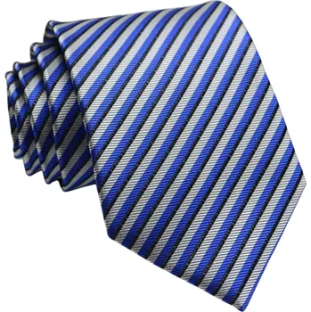 Tmavě modrá kravata s proužky Stylový doplněk pro společenské události, práci i běžné nošení Elegantní pánská kravata do obleku 146 x 8 cm