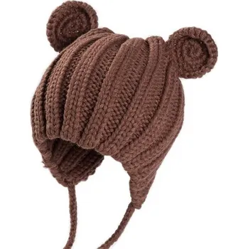 Pokrývka hlavy Dětská zimní pletená čepice s ouškama J866 hnědá