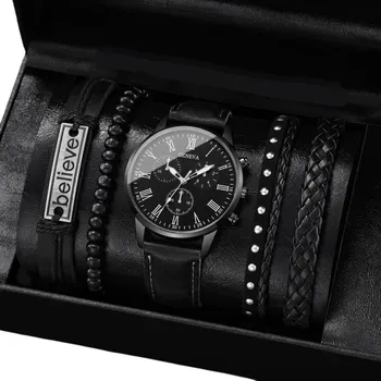 Hodinky Sada pánské hodinky s koženým páskem černá barva 3 kožené náramky přívěsek Believe 1 korálkový náramek Stylový dárek