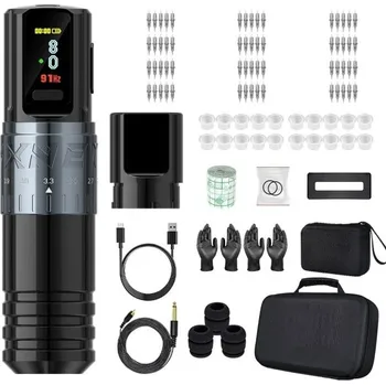 Tetovací strojek Sada s bezdrátovým tetovacím strojkem 14,5 x 3,6 cm Nastavitelný zdvih 2,4-4,2 mm OLED displej 2400 mAh 10V 9000 ot./min RCA i bezdrátové šedá
