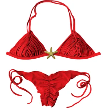 Dámské plavky Dámské dvoudílné bikiny s třásněmi a hvězdicí Trojúhelníkový top se zavazováním a tanga kalhotky na šňůrky Plavky na léto červená S