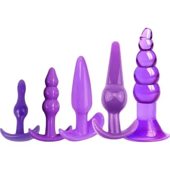 Vibrátor Sada 5 ks análních silikonových kolíků různých tvarů hladký povrch ergonomický design snadná údržba diskrétní balení fialová