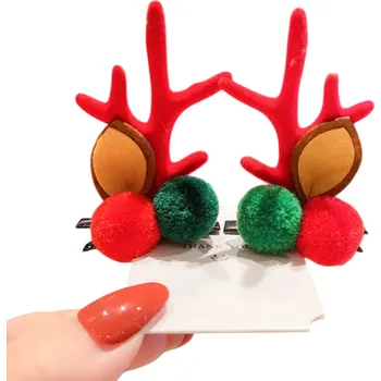 2 ks Dětské sponky do vlasů Sobí parohy a uši Vánoční ozdoby do vlasů Sponky s červenými a zelenými bambulemi Zimní doplňky pro děti červená