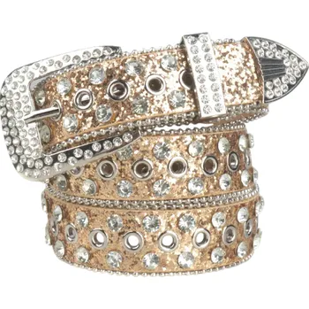 Opasek Dámský punkový pásek 110 x 3,3 cm PU kůže Stylový opasek se cvočky a třpytivými drahokamy Módní rockový doplněk ke kalhotám i šatům zlatá