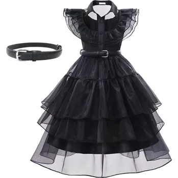 Wednesday Addams kostým Dívčí kostým Cosplay Wednesday Addams Černé dívčí šaty Karnevalové kostýmy Halloweenská maska 12