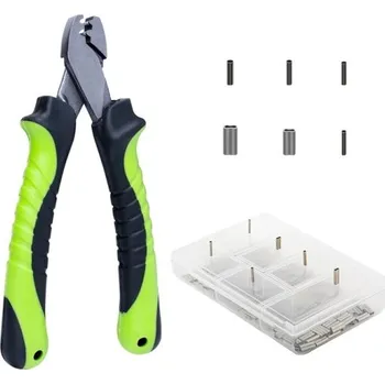 Rybářské krimpovací kleště s 300 ks spojek na vlasce šesti velikostí 15,7 x 13,7 cm Profesionální krimpovací nástroj na ocelová lanka Sada lisovacích kleští se spojkami zelená