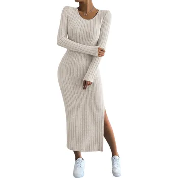Dámské šaty Dlouhé žebrované dámské úpletové šaty s rozparkem Přiléhavý střih s dlouhými rukávy Elegantní pohodlné šaty s kulatým výstřihem béžova M