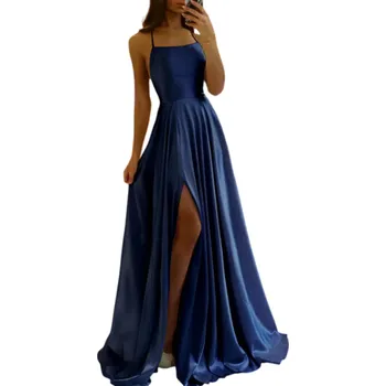 Dámské šaty Dlouhé společenské šaty s rozparkem Hladký saténový povrch Šněrování na zádech Elegantní večerní róba pro ples svatbu galavečer modrá XL