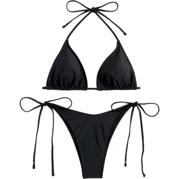 Dámské plavky Dámské dvoudílné bikiny Trojúhelníková podprsenka Tanga kalhotky Zavazování na šňůrky Klasický minimalistický letní střih na pláž černá L