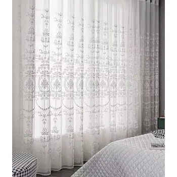 Záclona Průsvitné závěsy s průchodkou na zavěšení Bílé záclony s vyšívanými květinovými vzory Vyšívané květinové záclony Luxusní tylové závěsy 260 x 140 cm