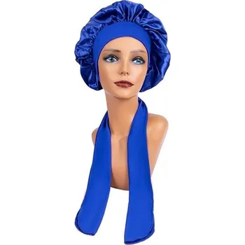 Sprchovací čepice Dámská saténová čepice na spaní s páskem tmavě modrá
